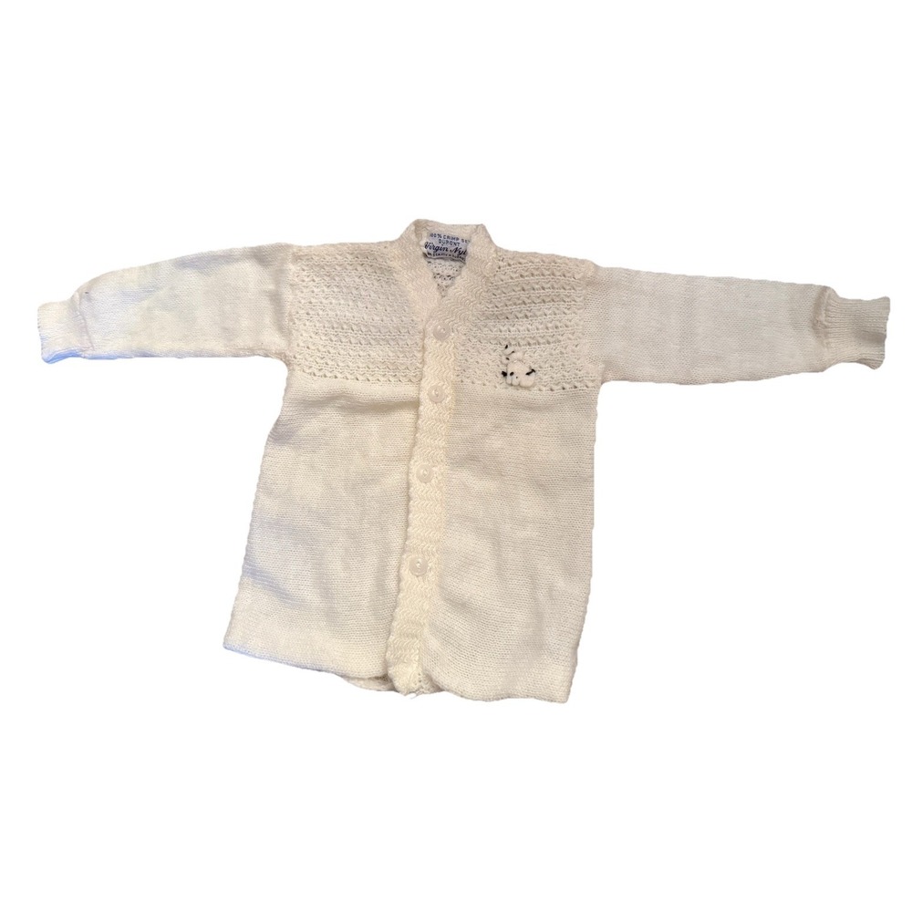 Vintage Infant Knit Sweater Cardigan 3 Months ? Virgin Nylon DuPont White